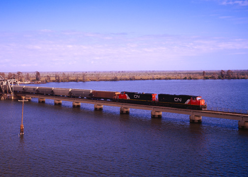 Canadian National train crossing a bridge